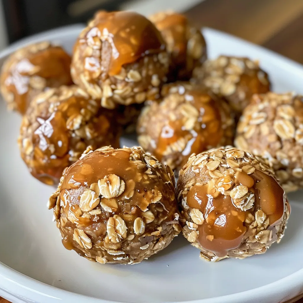 Side angle of delicious, round No-Bake Peanut Butter Energy Bites on a plate.
