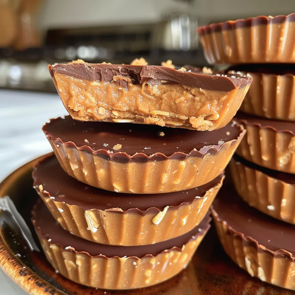 Close-up view of No-Bake Peanut Butter Protein Cups, showcasing their creamy texture and chocolate topping.