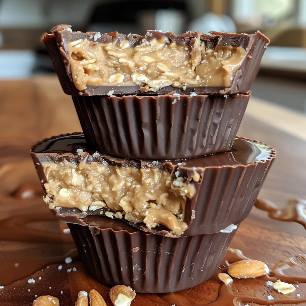 Side angle of No-Bake Peanut Butter Protein Cups arranged on a plate, highlighting their peanut butter filling and garnishes.