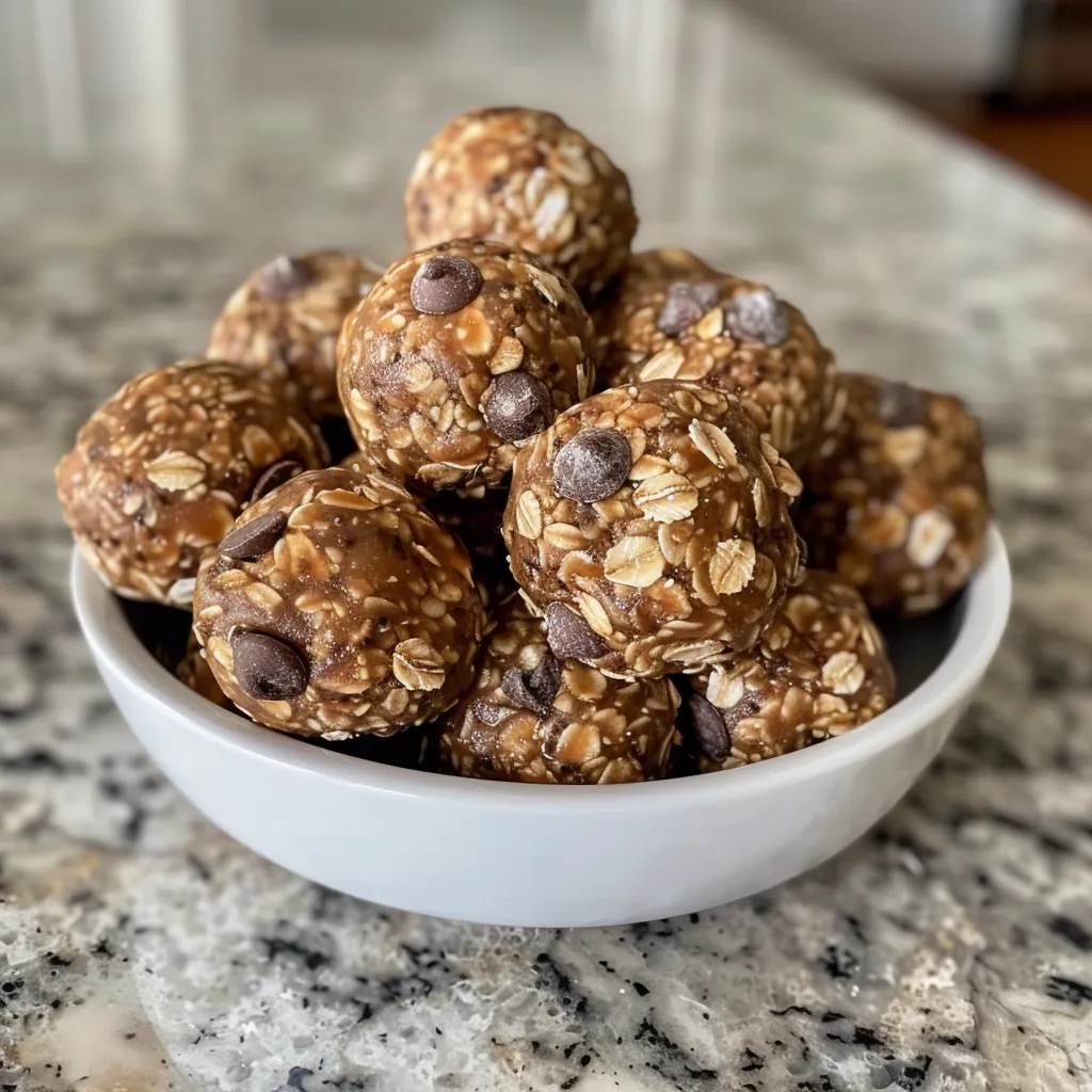 Side view of protein balls made with peanut butter and chocolate chips.