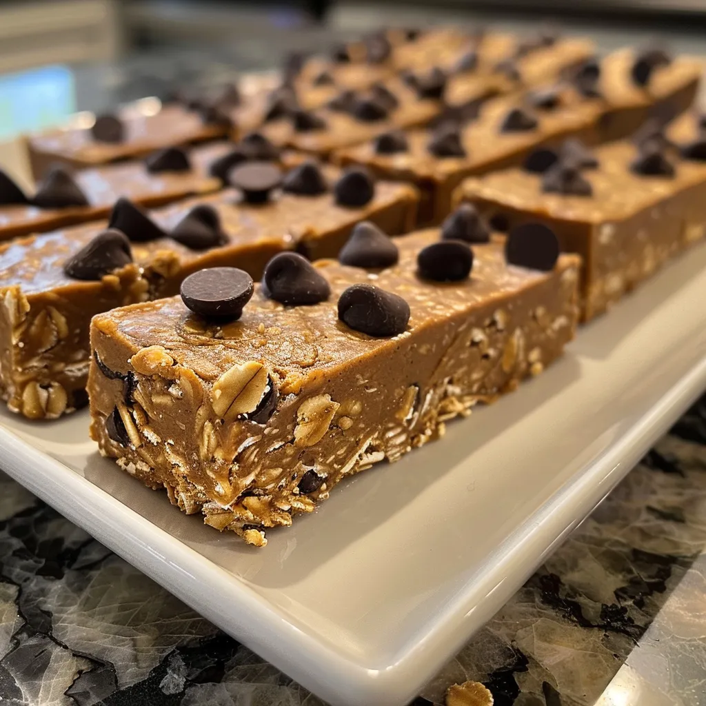 Side view of delicious no-bake protein bars, showcasing their layered texture and chocolate drizzles.