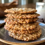 Close-up view of crispy oatmeal lace cookies with a golden-brown edge and melted chocolate drizzle.