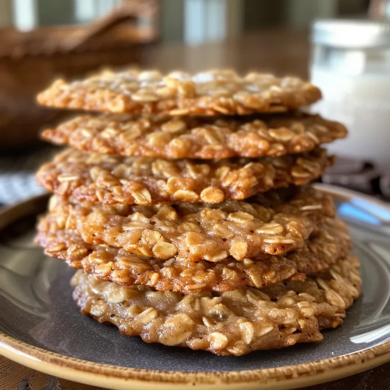 Close-up view of crispy oatmeal lace cookies with a golden-brown edge and melted chocolate drizzle.