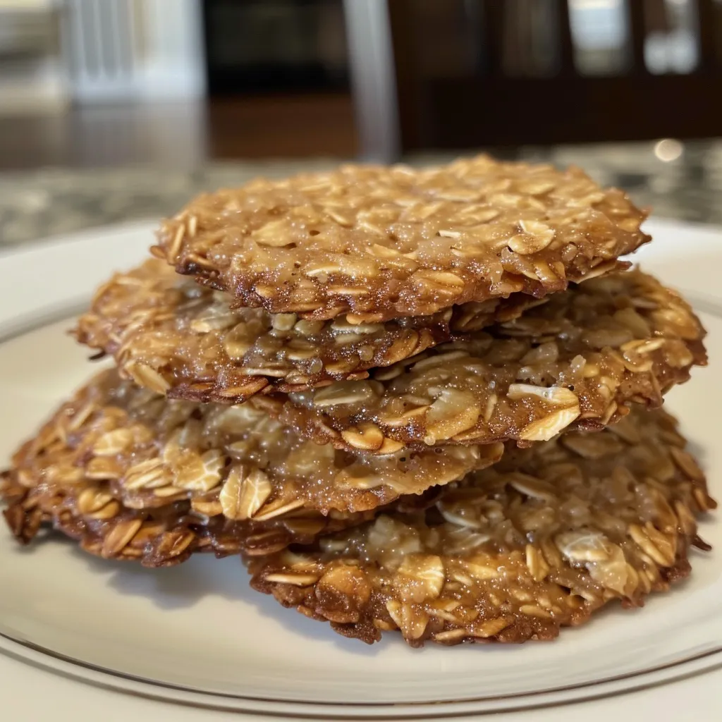 Side perspective of oatmeal lace cookies showcasing their delicate lace patterns and chewy texture.