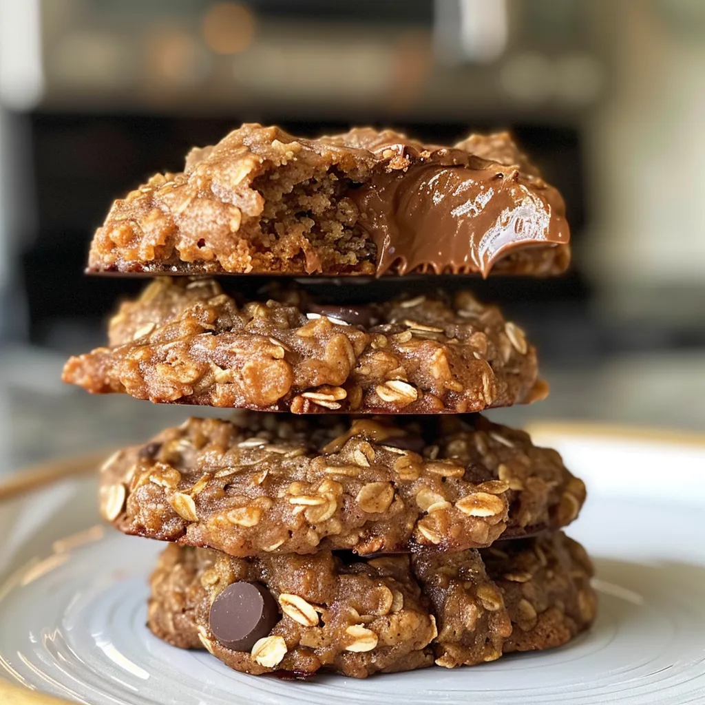 Juicy oatmeal protein cookies on a plate, emphasizing their golden-brown hue and chunks of chocolate.