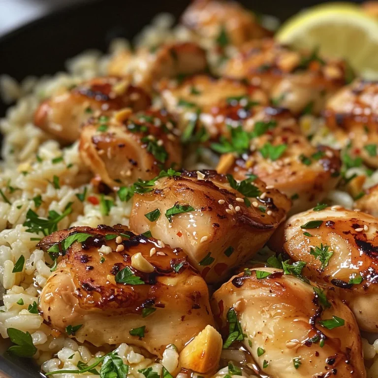 Juicy honey butter garlic chicken served over rice with fresh parsley.