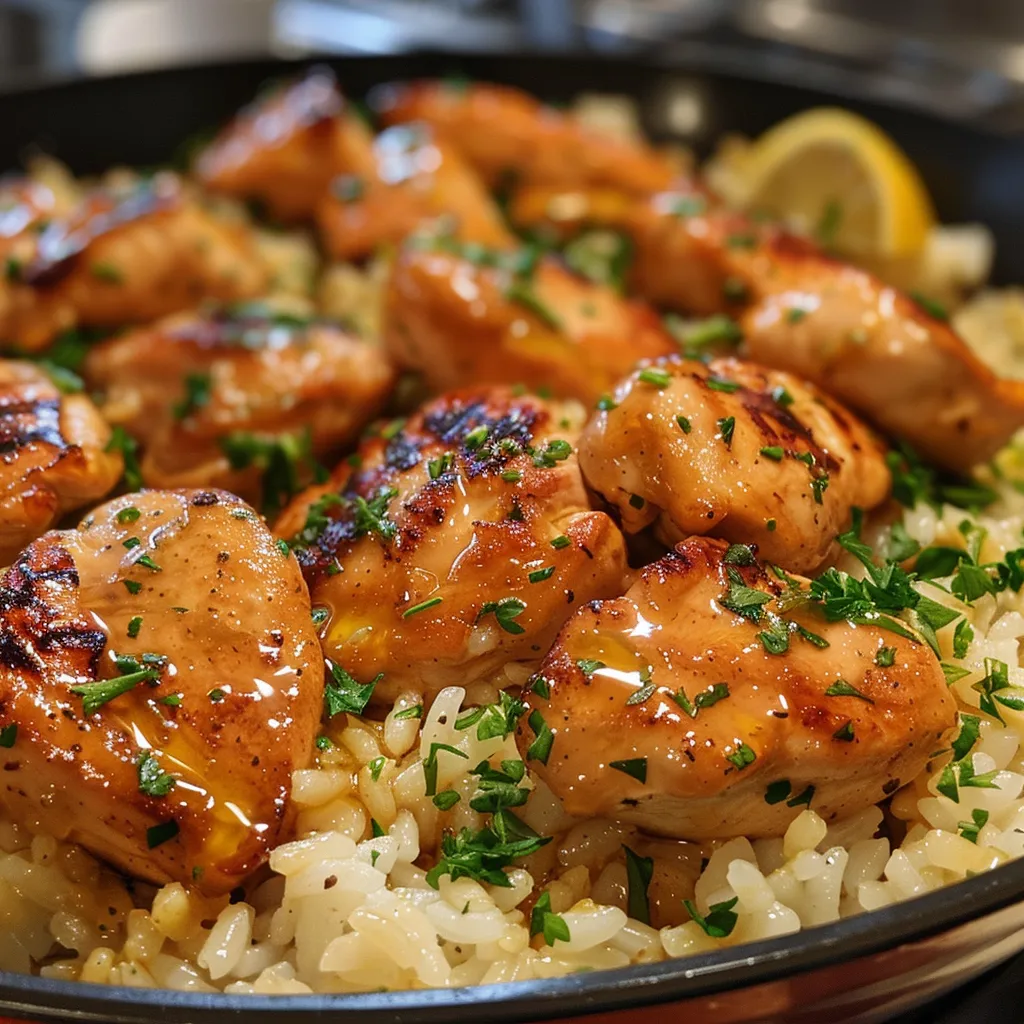 Close-up view of one-pan honey butter garlic chicken and rice garnished with lemon and herbs.