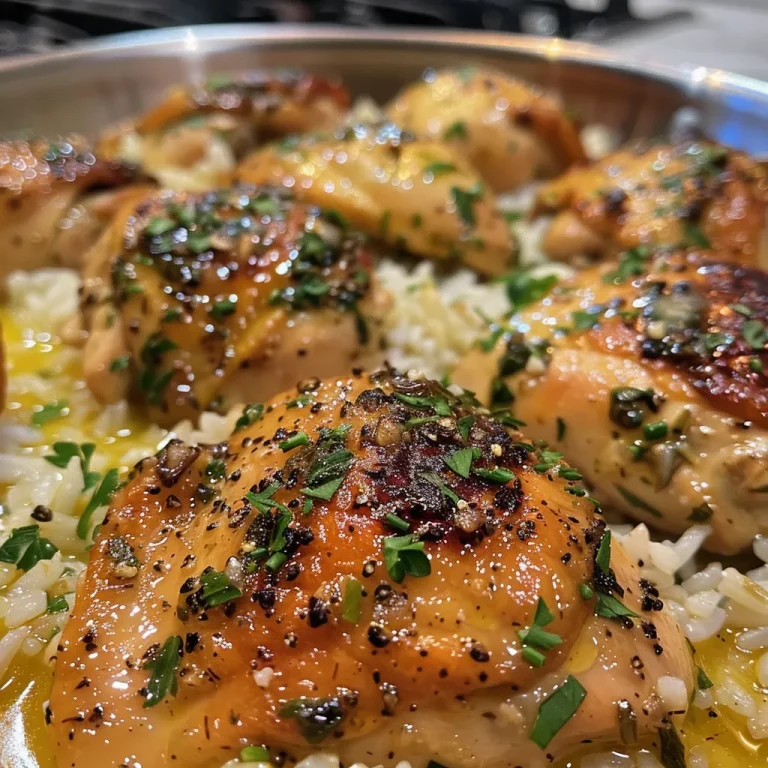 Close-up of One-Pot Garlic Butter Chicken and Rice in a creamy sauce with herbs.