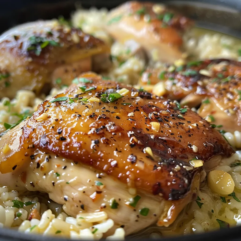 Juicy chicken breasts and fluffy rice in garlic butter sauce, garnished with parsley.