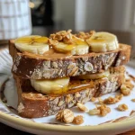 A close-up side view of peanut butter banana toast with whole grain bread and sliced bananas.