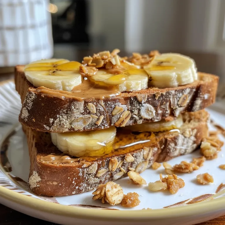 A close-up side view of peanut butter banana toast with whole grain bread and sliced bananas.