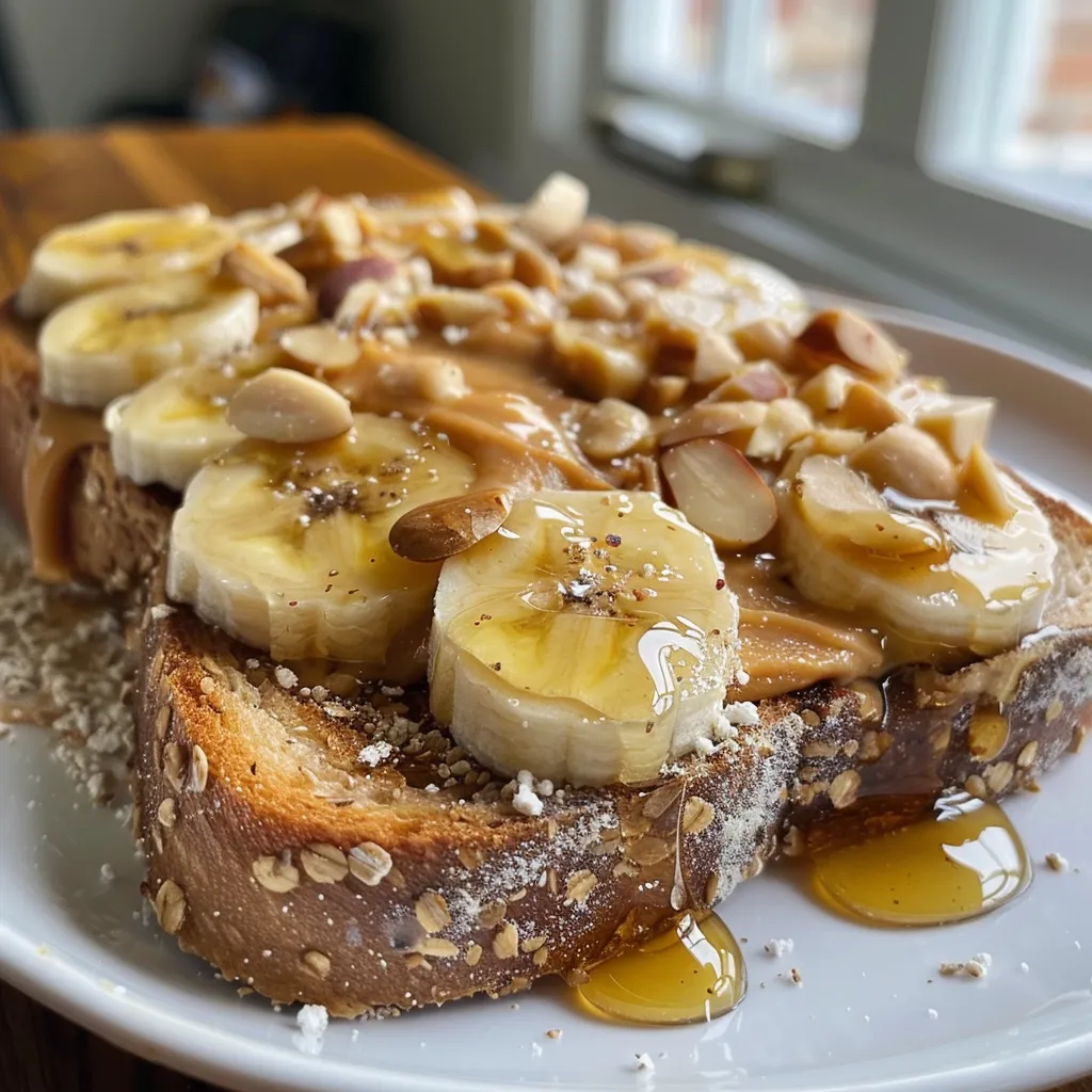 Side view of two slices of whole wheat bread topped with banana and peanut butter.