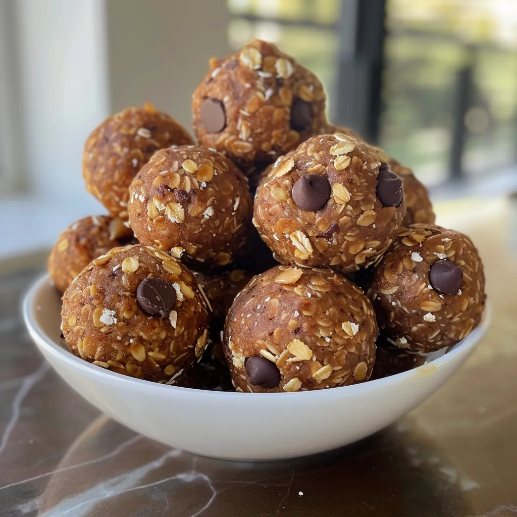 A side view of Peanut Butter Bliss Balls, highlighting their round shape and creamy appearance.