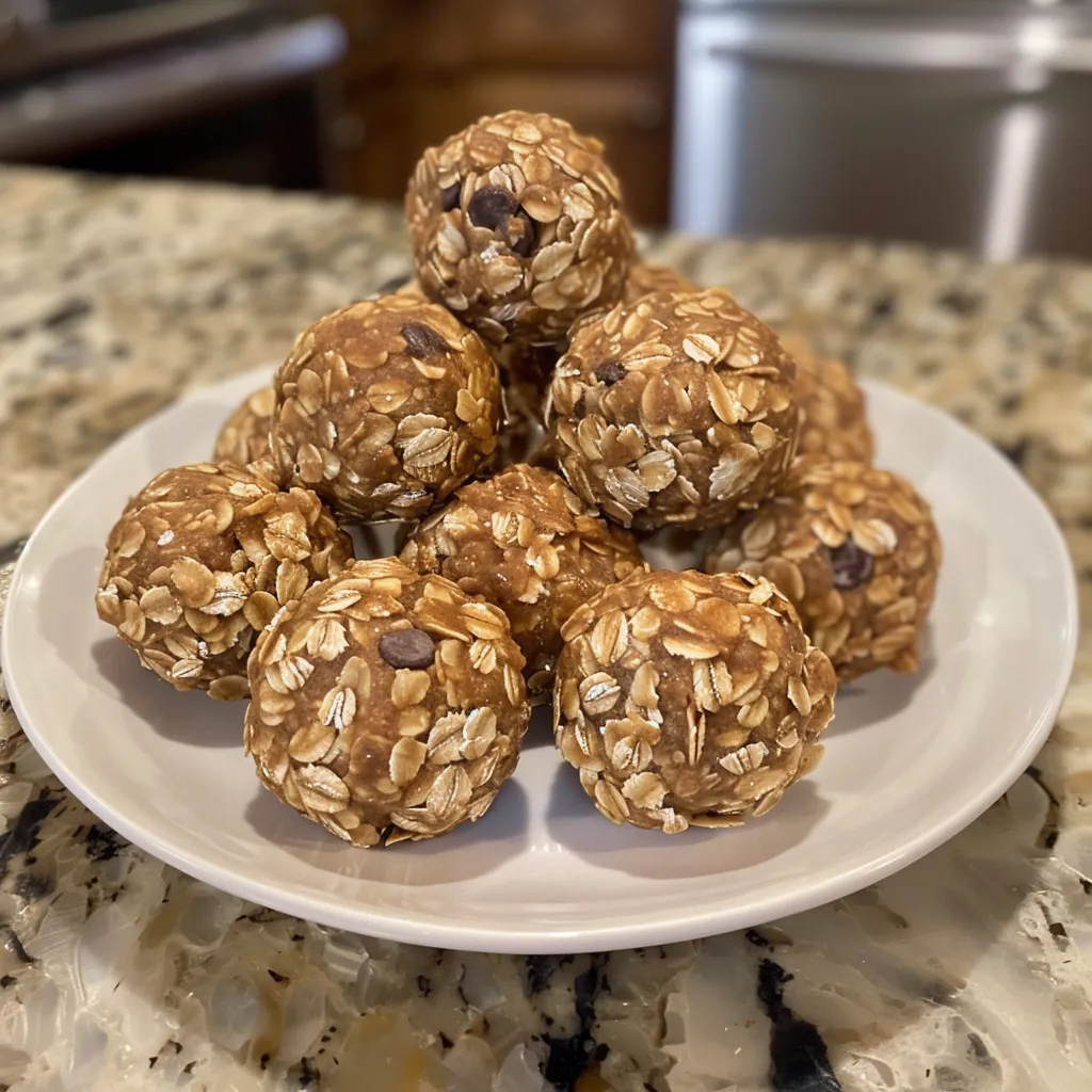 Close-up view of peanut butter oat energy bites with mini chocolate chips.