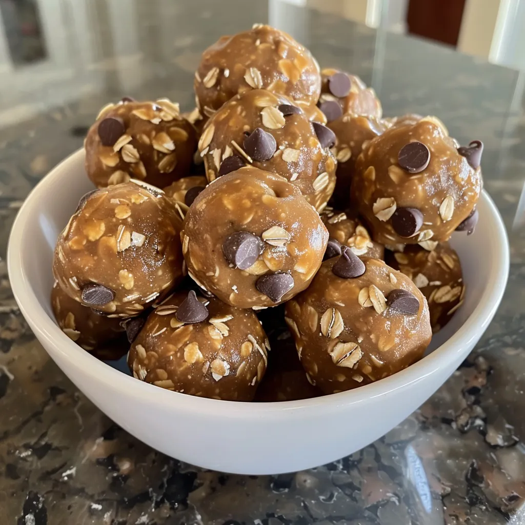 Side view of chewy energy bites made with oats and chocolate chips.
