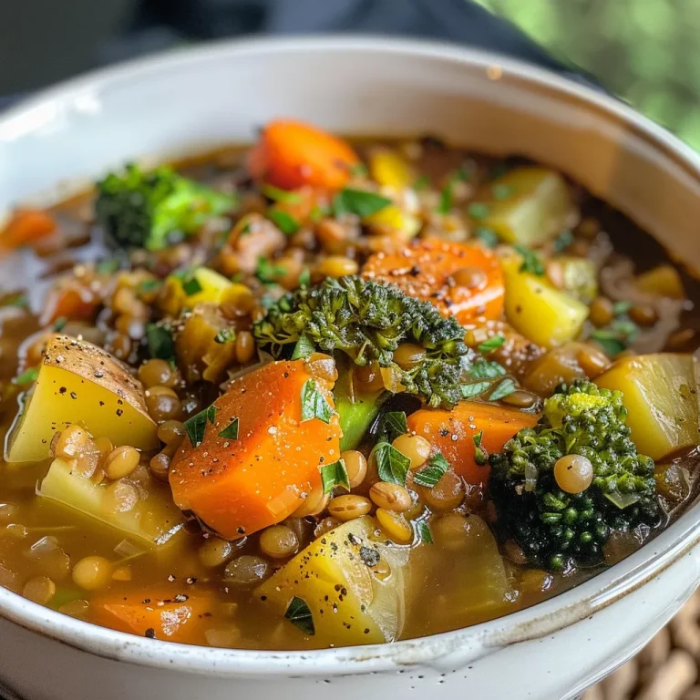 Close-up view of a bowl of plant-based lentil and vegetable soup showcasing vibrant colors.