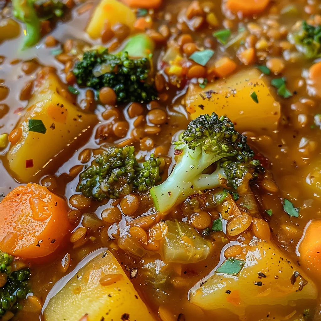 Side view of a hearty lentil and vegetable soup with various chopped veggies and lentils.