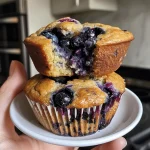Close-up of a golden-brown Protein Blueberry Muffin with visible blueberries.
