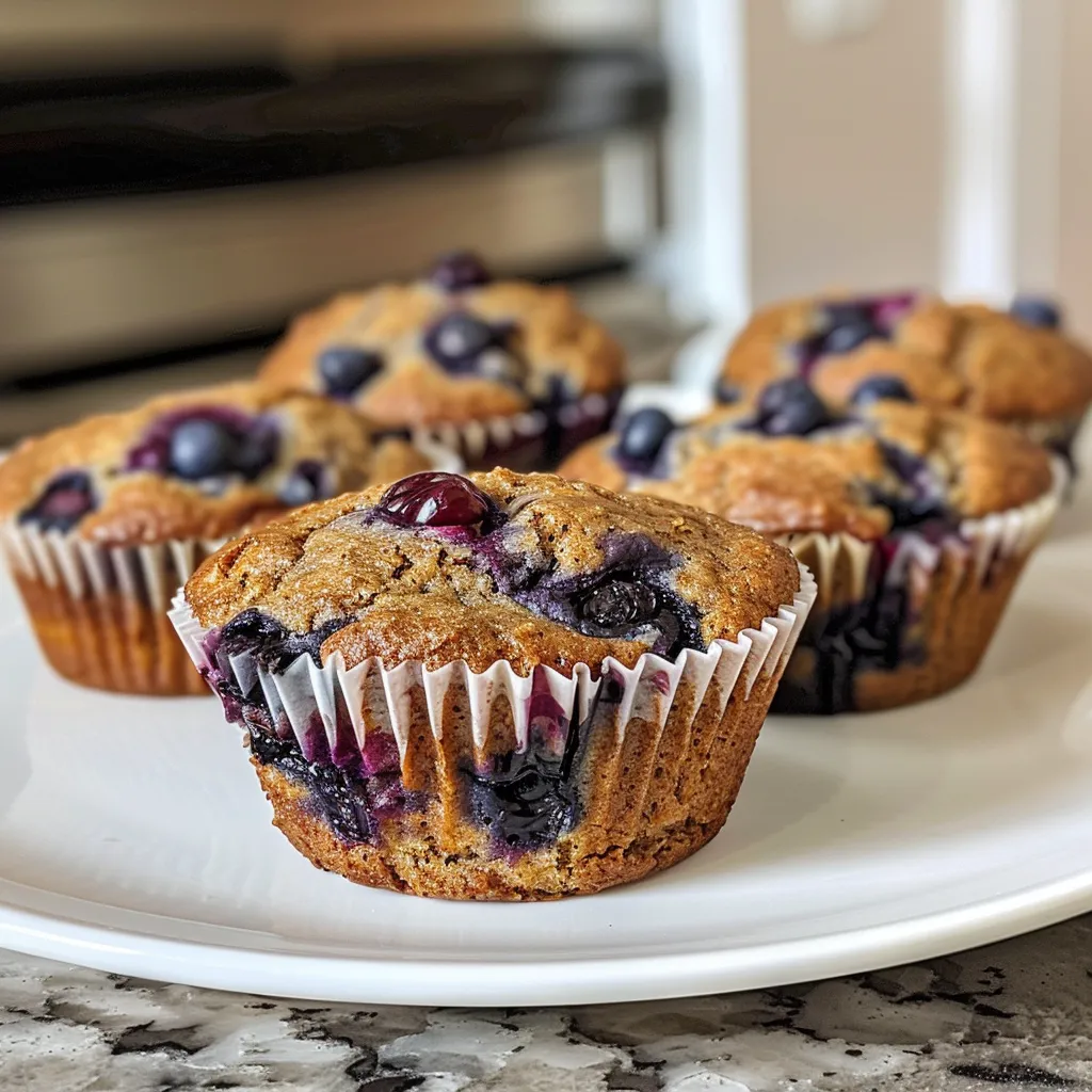 Side view of a fresh Protein Blueberry Muffin, showcasing a moist interior and blueberries.
