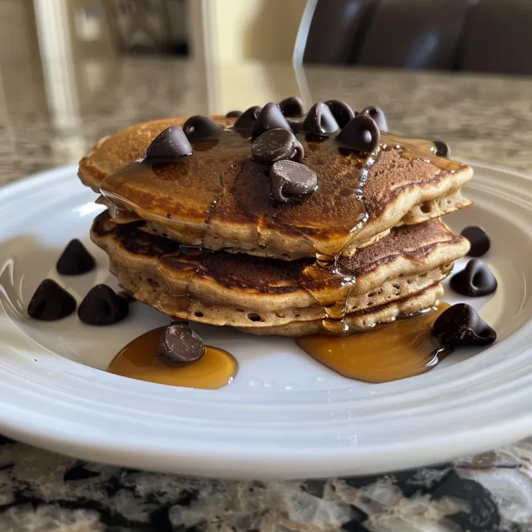 Close-up view of fluffy protein pancakes topped with dark chocolate chips.