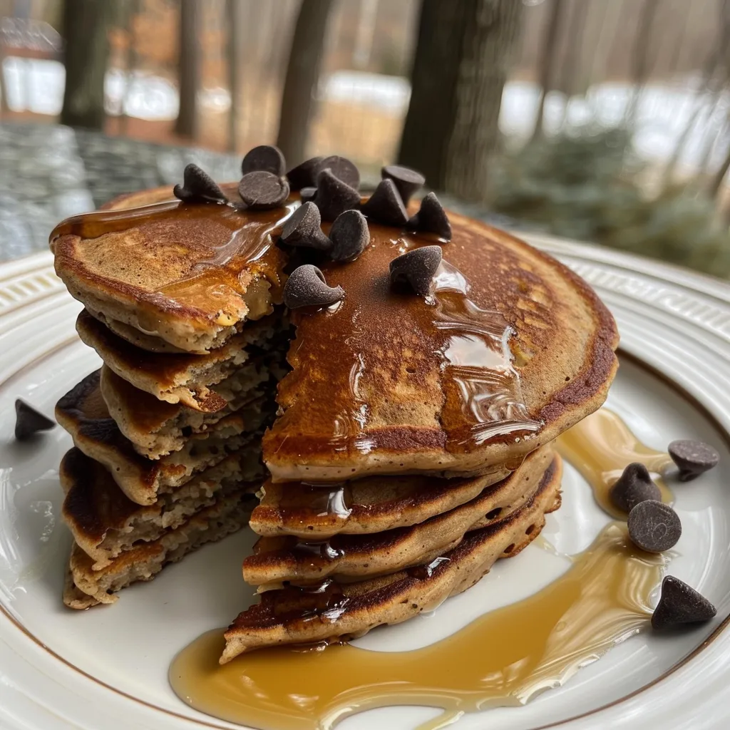 Side view of golden pancakes with chocolate chips, glistening with syrup.