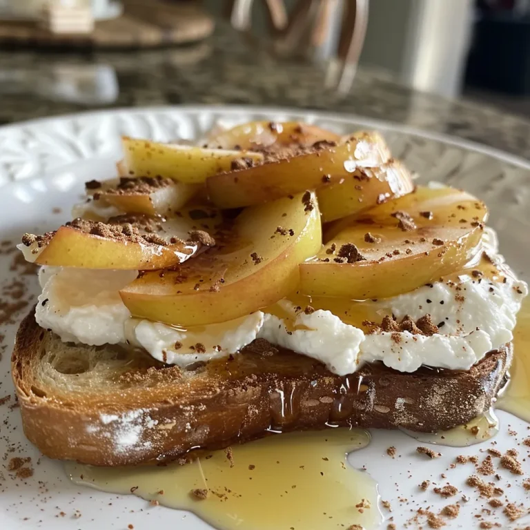 Close-up of ricotta toast topped with roasted apple slices and drizzled with honey.
