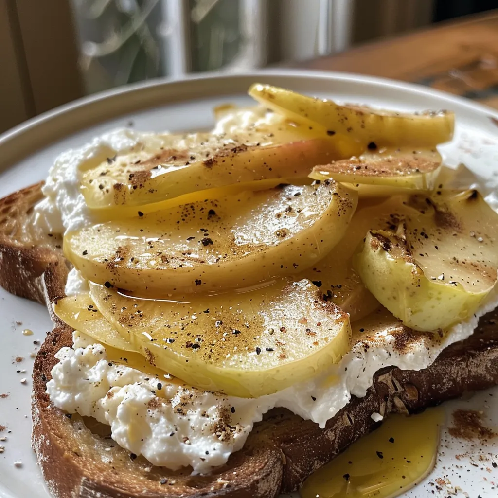 A side view of rustic sourdough bread with creamy ricotta and caramelized apples.