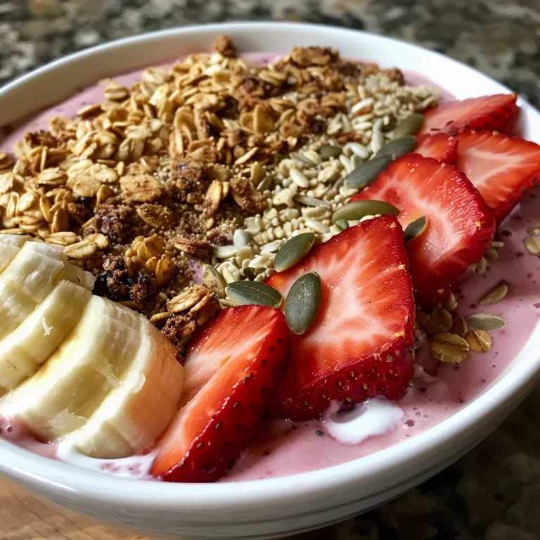 Close-up of a colorful smoothie bowl topped with sliced banana, strawberries, granola, and pumpkin seeds.