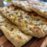 Close-up view of soft, fluffy flatbread on a wooden surface.