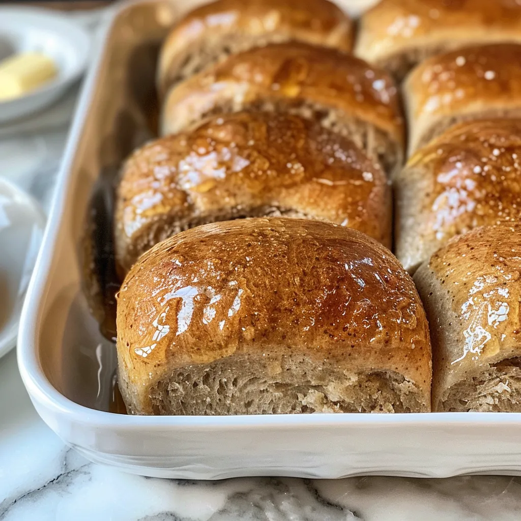 Side view of freshly baked whole wheat dinner rolls drizzled with honey.