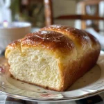 Close-up view of a golden-brown Soft Milk Bread Loaf with a fluffy texture.
