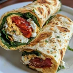 Close-up of a spinach feta wrap with vibrant green spinach and crumbled feta cheese.