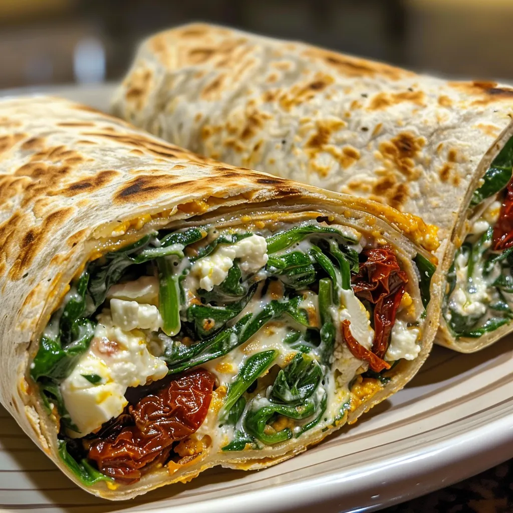 A side view of a freshly made spinach feta wrap showcasing its layers and colors.