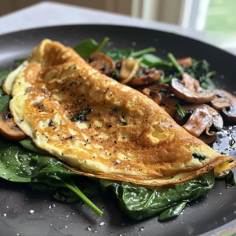 Elevate Your Breakfast Game with a Spinach Mushroom Omelette A close-up view of a Spinach Mushroom Omelette with vibrant greens and golden edges.