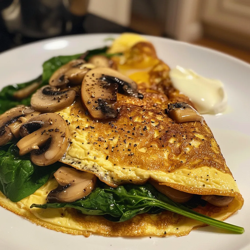 A mouth-watering spinach mushroom omelette showcasing vibrant greens and browns.