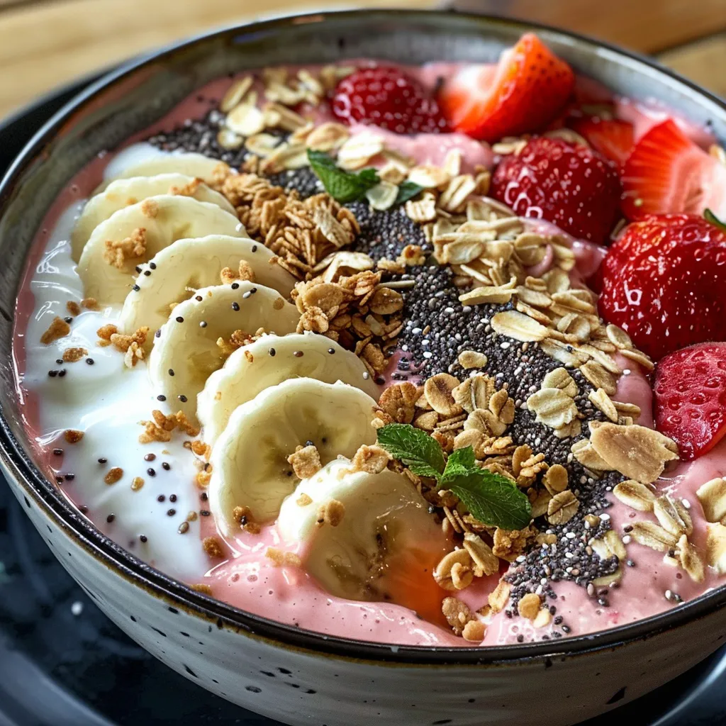 Close-up of a creamy smoothie bowl filled with strawberries and bananas, garnished with coconut flakes.