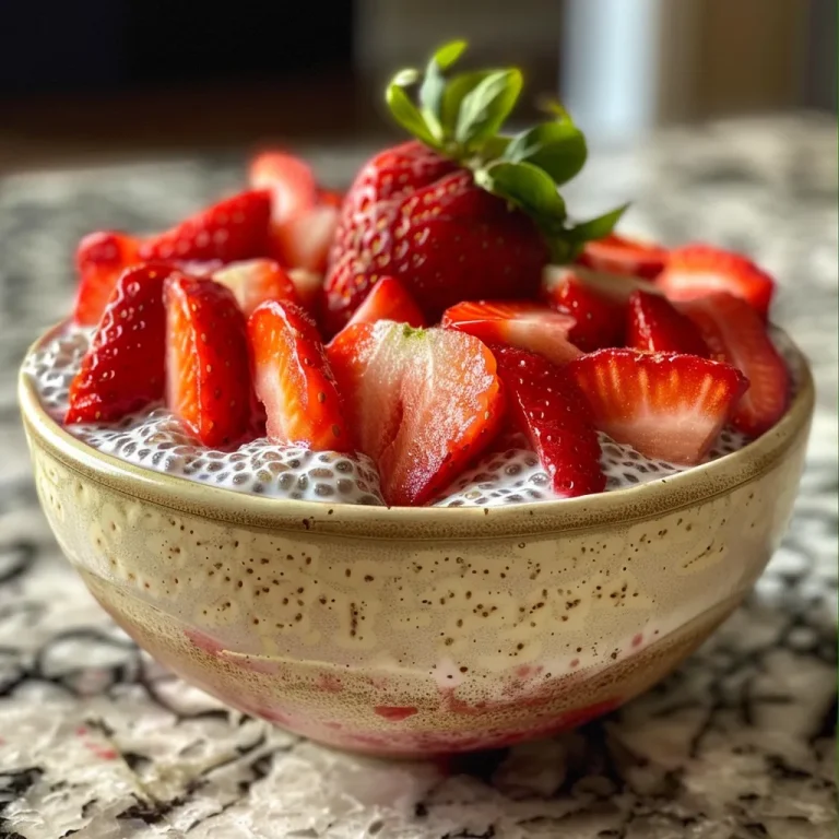 Close-up view of a vibrant bowl of strawberry chia pudding topped with fresh strawberries.