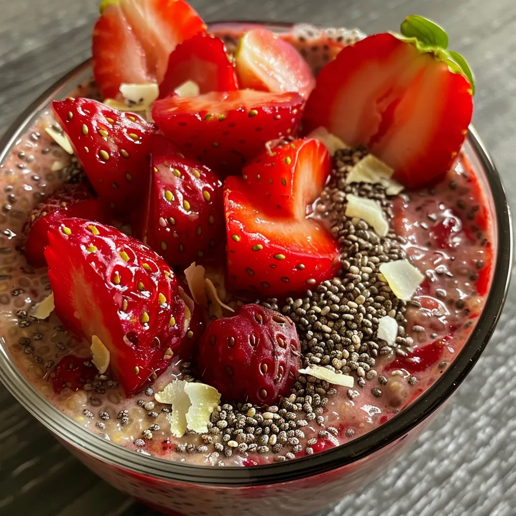 Side angle of a creamy strawberry chia pudding with chia seeds and coconut milk.