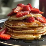Close-up of strawberry pancakes with fresh strawberries on top.