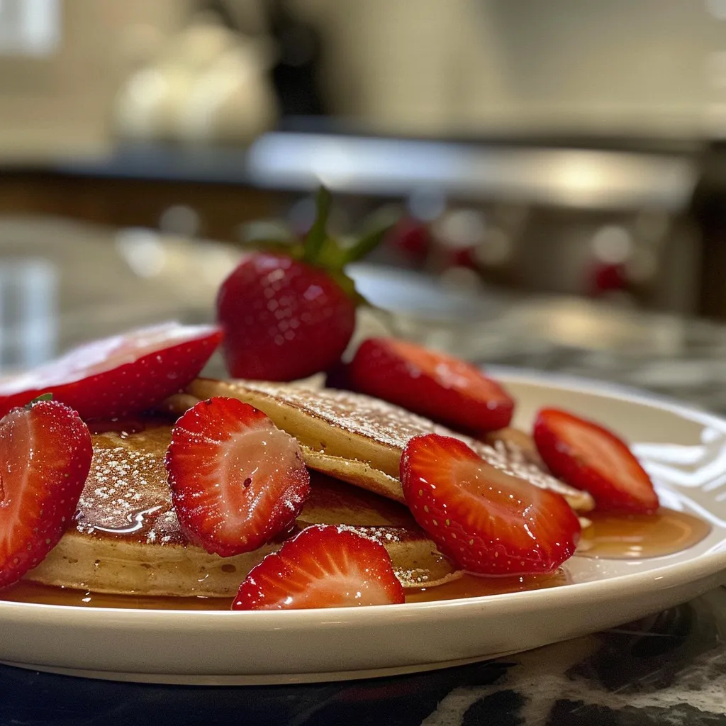 Side view of a stack of fluffy pancakes garnished with strawberries.