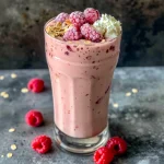 Close-up view of a creamy pink smoothie topped with raspberries and strawberries in a glass.