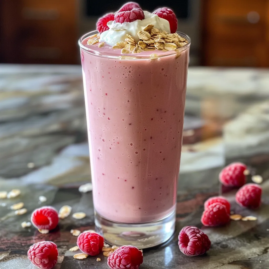 Side perspective of a vibrant strawberry-raspberry smoothie garnished with frozen berries on top.