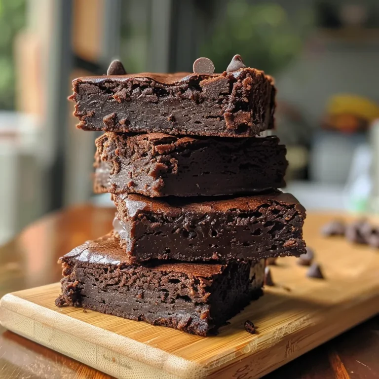 Close-up of a side view of moist sugar-free brownies with chocolate chips.