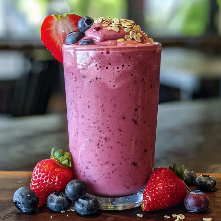 Close-up view of a vibrant Triple Berry Oat Tropical Smoothie in a clear glass.