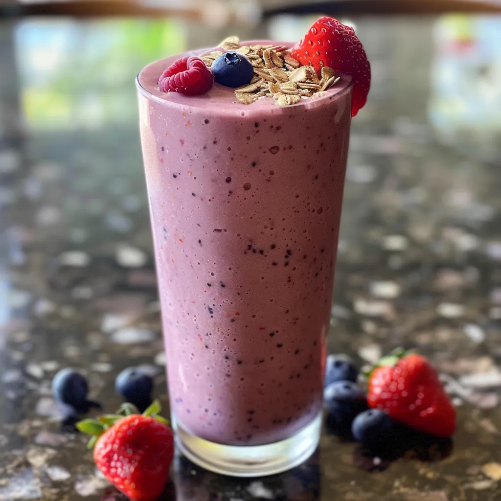 A refreshing smoothie made with strawberries, blueberries, and oats, displayed from the side.