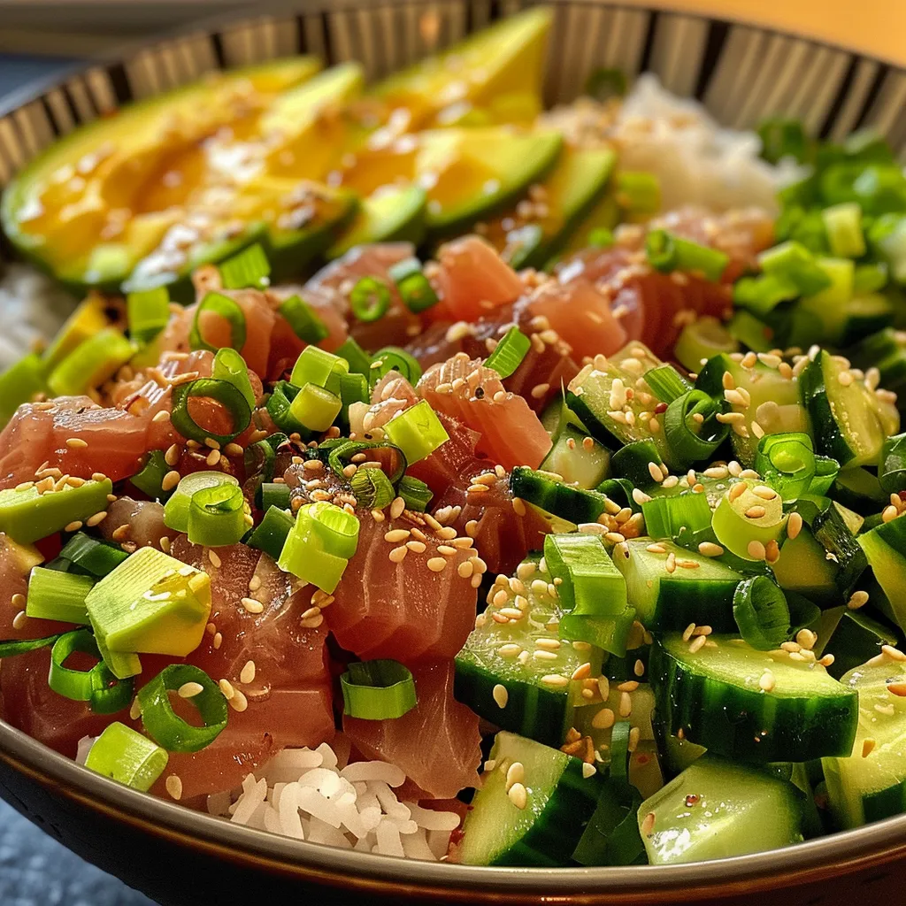 Side view of a vibrant Tuna Rice Bowl featuring short-grain rice and green onions.
