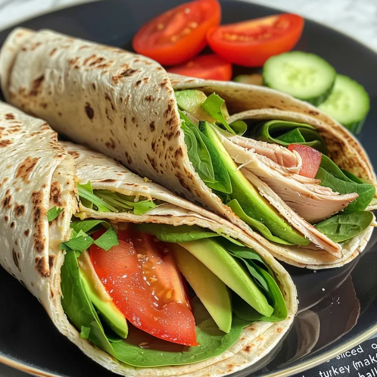 Close-up view of a turkey avocado club wrap with fresh ingredients.
