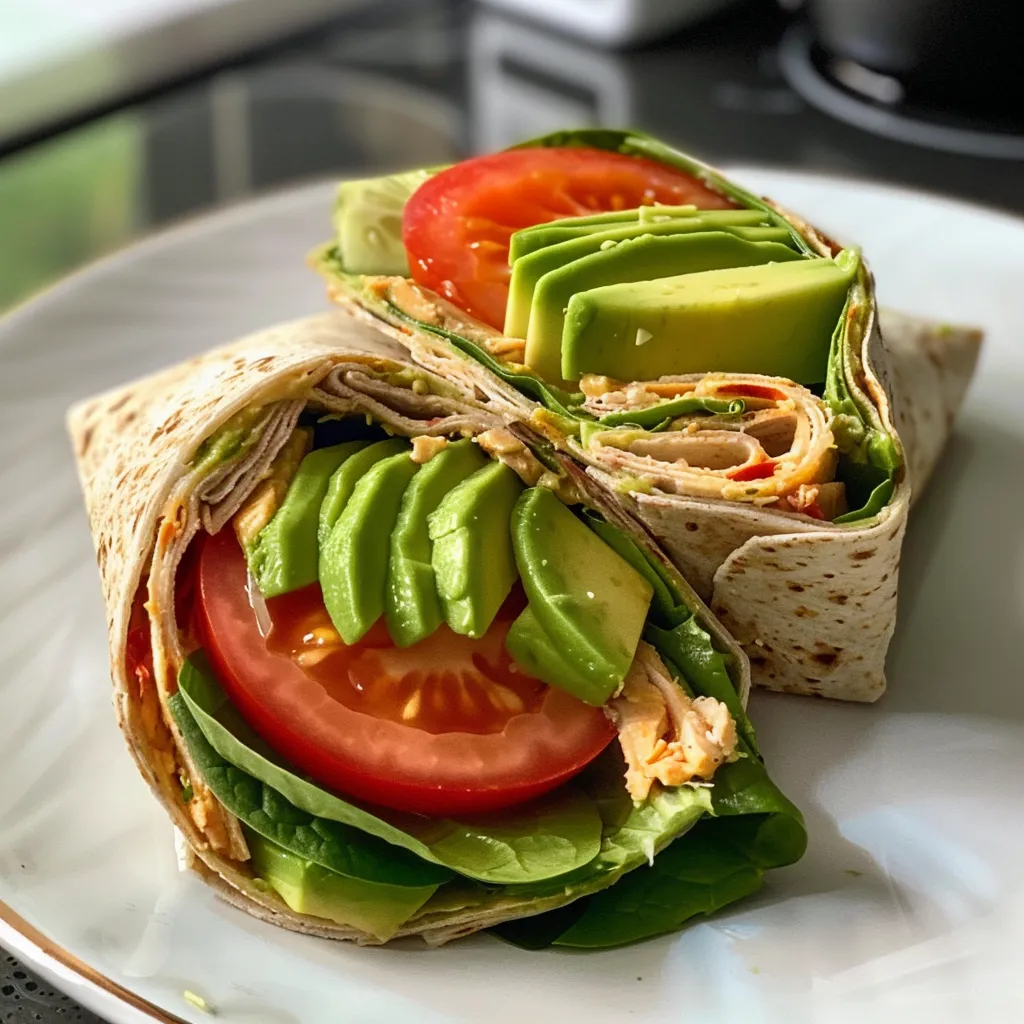 A side view of a delicious turkey avocado club wrap showcasing vibrant colors.