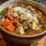 Close-up view of a bowl of Tuscan Chicken Soup with visible chicken pieces and vegetables.
