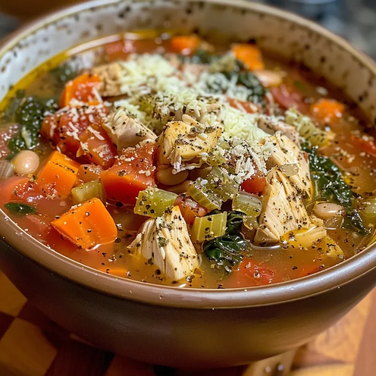 Close-up view of a bowl of Tuscan Chicken Soup with visible chicken pieces and vegetables.